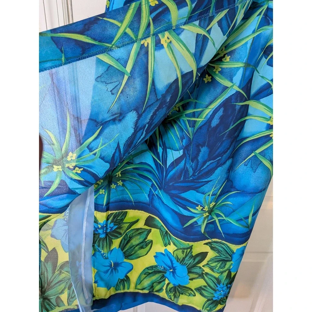 Ellen Figg Vintage Tropical Floral Midi Skirt Blue Green Hibiscus Made in USA 12